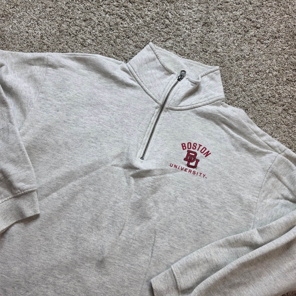 Boston University Womens Large Cotton Quarter Zip Sweatshirt BU Gray Ladies